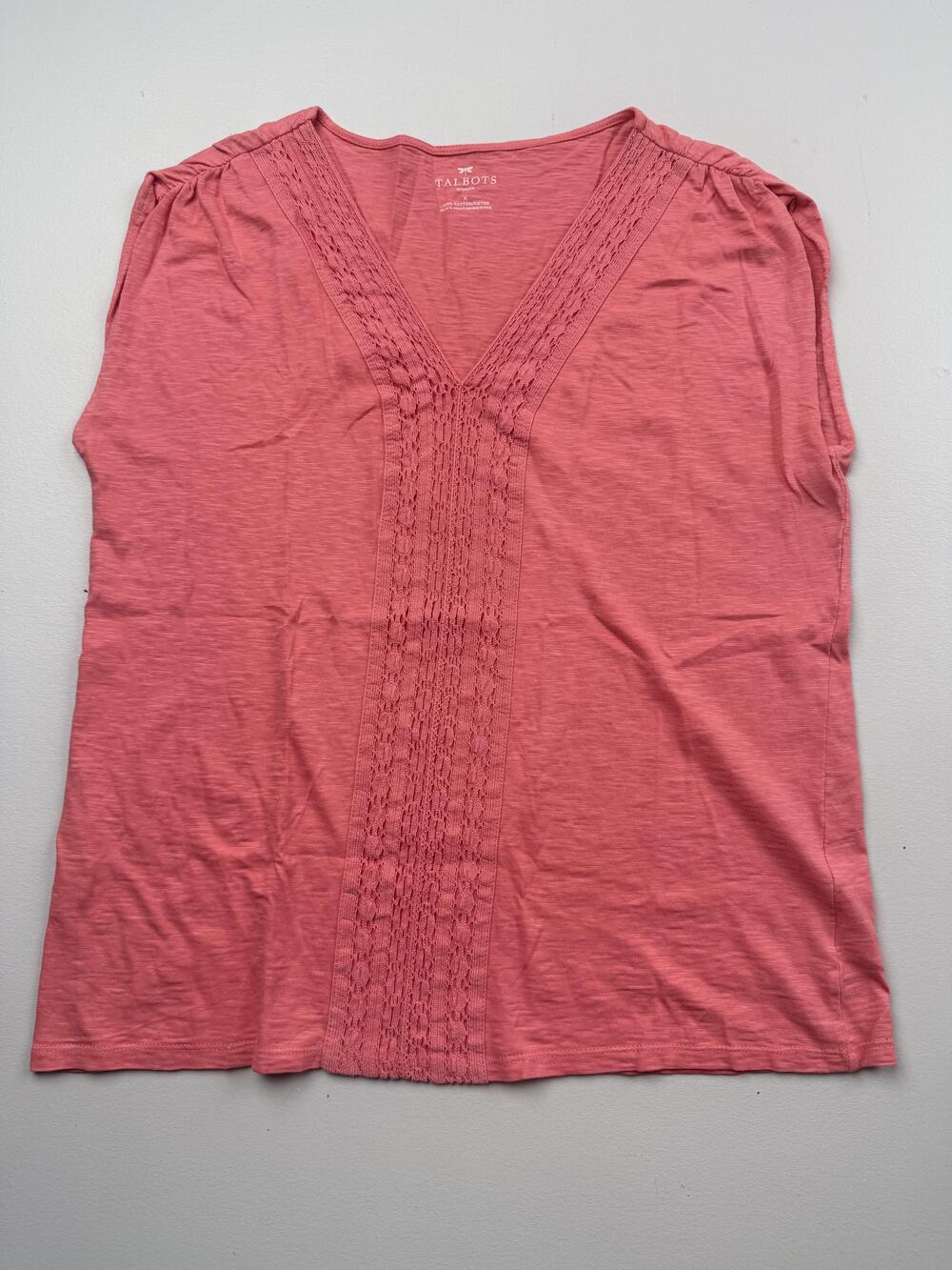 Talbots Tank Top Womens 1X Pink V Neck Sleeveless Crochet Cotton Jersey Top
